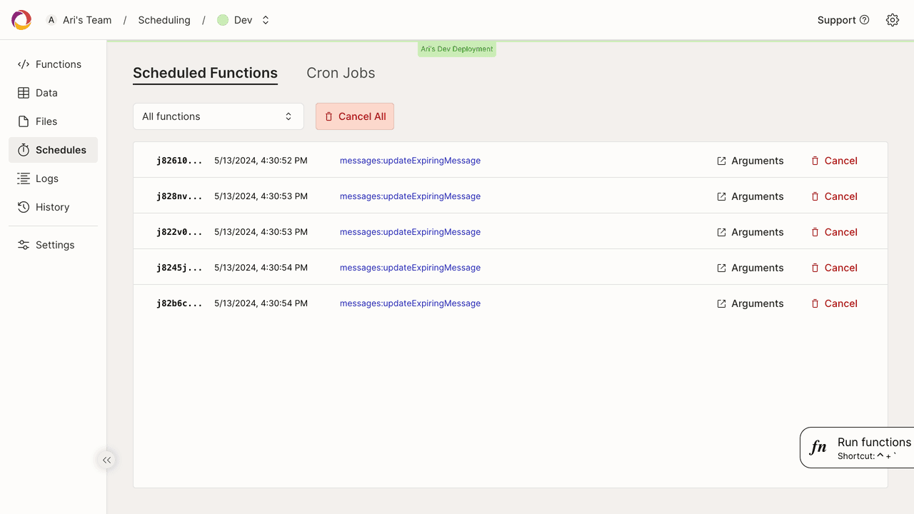 Screen grab of Scheduled functions & crons in action